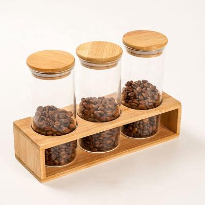 China Cover 3 Pcs Kitchen Storage Containers Set Glass Jar With Bamboo Lid Storage Jar Set for sale