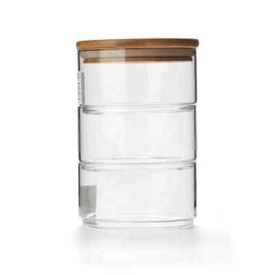 China Stackable Cover 3 Pcs Glass Containers Glass Jar With Bamboo Lid For Kitchen Storage for sale