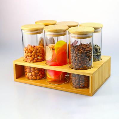 China Stocked 6 Pcs Storage Bamboo Glass Bottle Jars Kitchen Spice Jars Set Bamboo Frame for sale