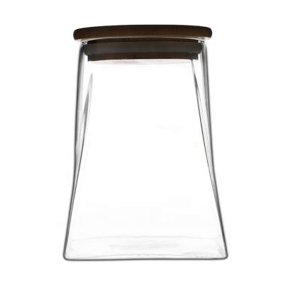 China Viable Glass Herb Trapezoid Storage Jar Sealed Storage Vat With Lid Bamboo Spice Jars for sale