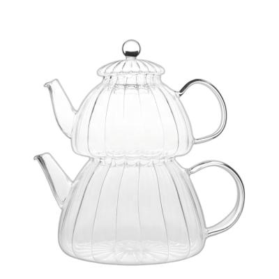 China High Borosilicate Glass Double-Layer Stripe Coffee Pot Cover Stainless Steel Heat Resistant Filter Teapot for sale