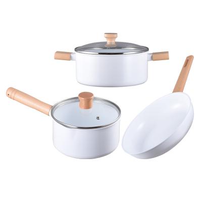 China Sustainable Natural Aluminum Cookware Sets Cookware Pot And Pan Stick Unset With Wooden Handle for sale