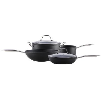 China Sustainable black aluminum cookware set non stick super cookware set with stainless steel handle for sale