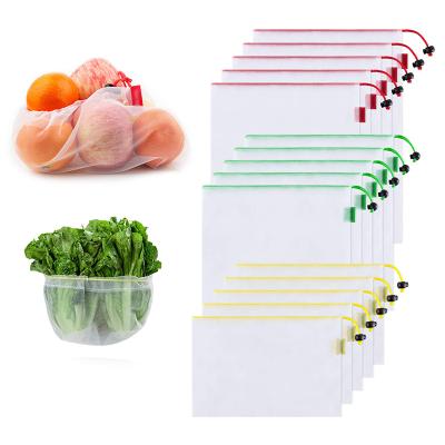 China Reusable heat seal +tear notch 15pcs/set drawstring closure recycled fruit vegetable RPET recycle mesh bag for sale