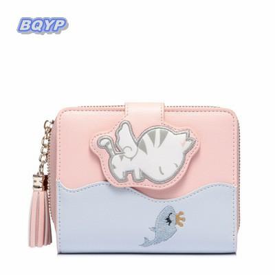 China Cute Girls Two Leather Cork Wallet Custom Cat Printing Wallet Cute Cat Coin Times Wallet for sale