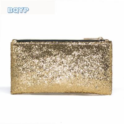 China Cheap Gold Glitter PU Bag PVC Cosmetic Pouch PU Pouch Polyester Printing Cosmetic Bag for sale