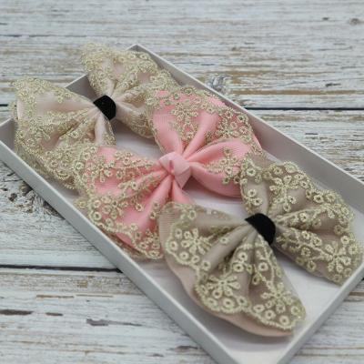 China European and American style gold lace satin bow with clips, Korean hair clips handmade hair accessories for girls for sale