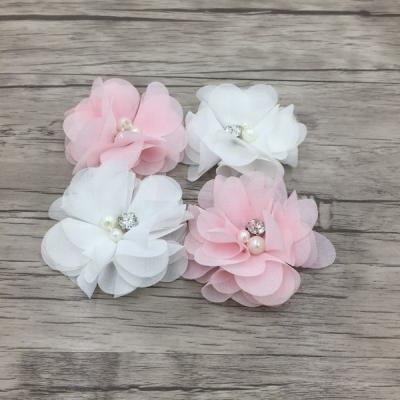 China Chiffon 2.5 Inch Flower Wholesale Chiffon, Pearl Rhinestone Centerpiece Fabric Flower Small For Decoration for sale