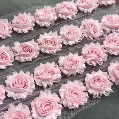 China wholesale cheap custom 3D baby shabby chiffon rose flower trim 2.5 inch for sale