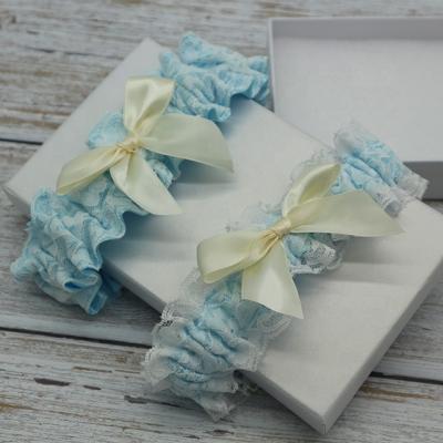 China Light Blue Polyester Satin Ribbon Wedding Garter Set, Bridal Ivory Wedding Garter Lace Bow Garter For Leg Decoration for sale