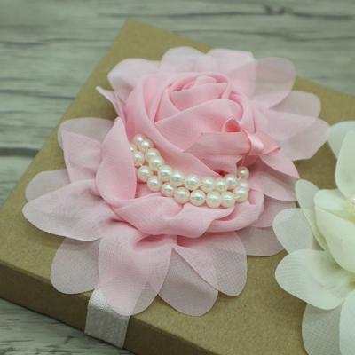 China Hair Decoration Babies Rose Flower Headband, Light Pink Pearl Embellished Elastic Chiffon Flower Newborn Headband for sale