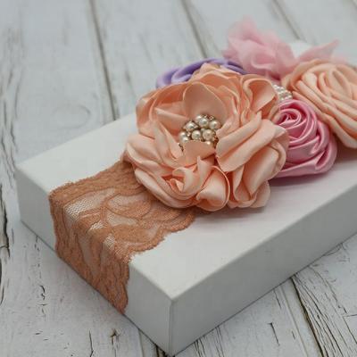 China Hair Decoration Satin Rosettes Pretty Flower With Lace Headband Baby Headwear, Wide Fabric Flower Hair Band Lace Bead Embellished for sale