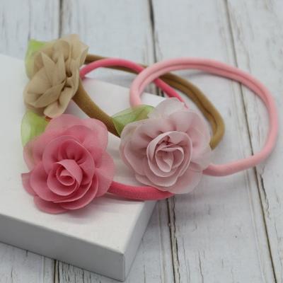 China New Design Soft Chiffon Flowers With Leaves Baby Elastic Nylon Headband for sale