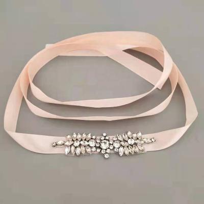 China Pale Pink Rhinestone Ribbon Sash Belt, Small Rhinestone Applique Handmade Beaded Kids Dress Belt for sale