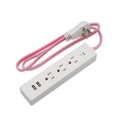 China Consumer Electronics 3-Outlet Extension Cord with 2 USB Ports 2.4A Surge Protector, 3 Prong Flat Plug, Red Braided Fabric Power Cord for sale