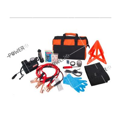 China Roadside Aid Car Emergency Kit + First Aid Kit Rugged Tool Bag Contains Jumper Cables, Tools, Safety Reflective Triangle Customized for sale