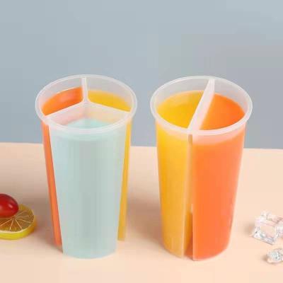 China 100 Pcs Single Wall 700 Twin Plastic Milk Tea Cup 3 Compartments PP Ml Disposable Plastic Cup Share With Lid for sale