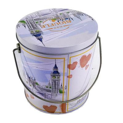 China 1/2/3.5/6.5 Gallon Food Grade Metal Gift Packaging Custom Round Popcorn Tin Bucket With Handle for sale