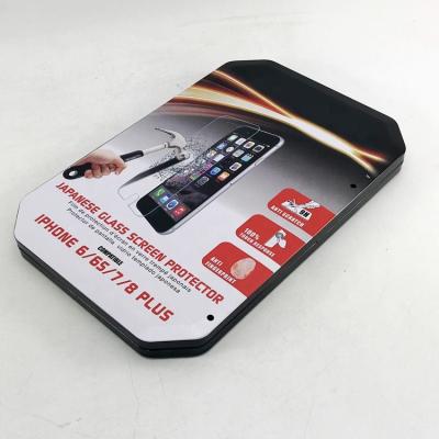 China Embossed Metal Tin Packaging Box For Tempered Glass Screen Protector Packaging With Tin Hang for sale