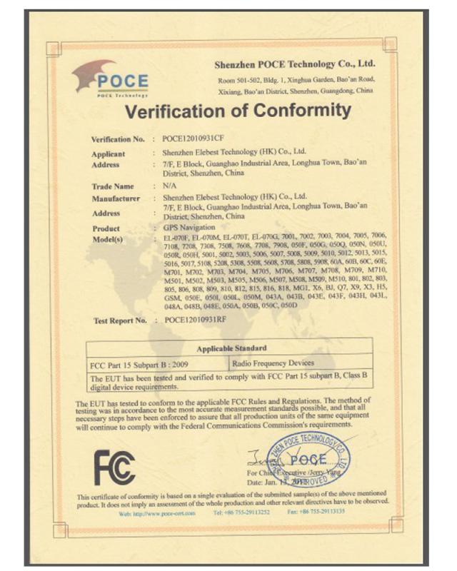 GPS FCC Certification - ShenZhen Elebest Technology (HK) Co., Ltd