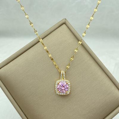 China TRENDY Gold Plated Stainless Steel Necklaces With Pink Zircon Square Fashion Jewerly Pendant Accessories For Women for sale