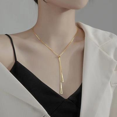 China TRENDY Box Chain Stainless Steel Necklace For Woman Long Necklace Tassels Sweater Chain Triangular Pendant Rose Gold Color Silver Color for sale