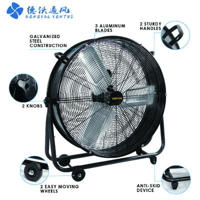 China Garage 120W Maxx Electric Industrial DC Floor Drum Fan Air Metal DC Motor 24 Inch Ventilation Blower Free Spare Parts 3 Aluminum Blades for sale