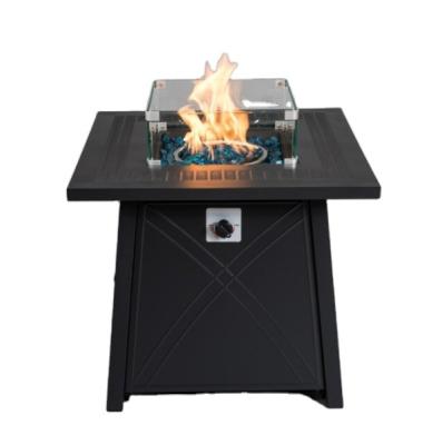 China 28 Inch Pure Aluminum Desktop Twill Model Iron Gas Fire Pit Table With Lower Outdoor Volcanic Stone And Cover for sale