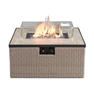 China 50000 Btu Aluminum 31 Inch Rectangular Tile Surface With Rattan Bottom Pit Table Gas Stove Outdoor Gas Fire for sale