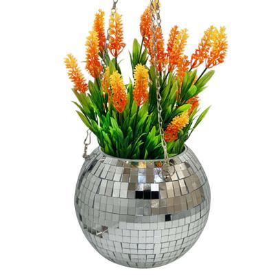 China Home Decor Balcony Disco Flowerpot Ball Hanging Planter Vase Wall Hanging Flower Pots Light Rope Hanging Mirror Basket Vase for sale