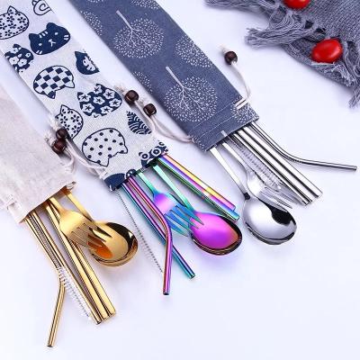 China Disposable 5pc Set Portable Tableware 304 Stainless Steel Fork Spoon Chopsticks Straw Set for sale