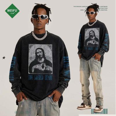 China Anti-wrinkle WF| 2022 Fashion Wash Jesus Pattern Long Sleeve Cotton Hip Hop Pullover Sweatshirt for sale