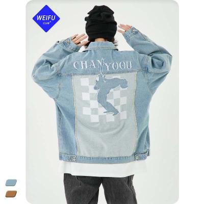 China breathable WF| High Quality Fashionable Embroidered Back Jacket Men's Denim Checkerboard Design Jacket Women's Quilting Denim Coat for sale