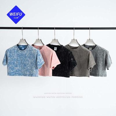 China Anti-wrinkle WF| Wholesale Streetwear Washed Women Crop Acid Summer Top Plain Wash Vintage Distress Crop T-Shirt for sale