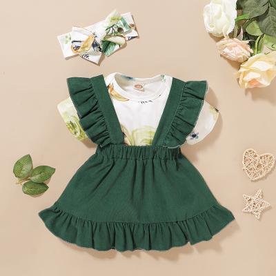 China Organic Cotton Double-needle Edge Snaps 3pcs Set Baby Romper Corduroy Cotton Baby Rompers With Headband And Dress for sale