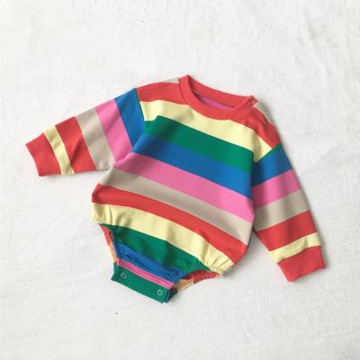 China Organic Cotton Double-needle Edge Snap Long Sleeve Baby Romper Autumn Baby Ribbing Organic Cotton Onesie Baby Clothes Rainbow Onesie for sale