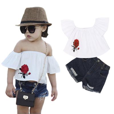 China Organic Cotton Double-needle Edge Snaps Baby Boutique Outfits Ruffle Top+Jeans Girl Dress Set for sale