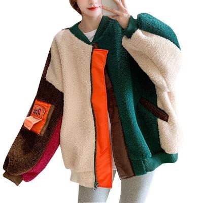 China New autumn and winter breathable splice color blocking loose thickened fur baseball jackethickened jacket baseball suit lamb female for sale