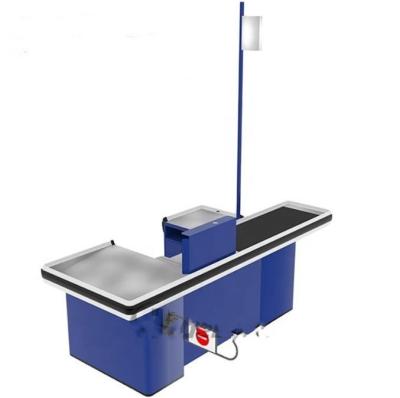 China Checkout Counter Supermarket Counter Cashier Desk With Conveyor Belt With Led for sale