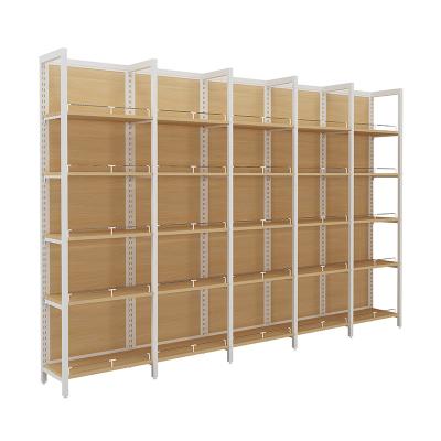 China 5 Layer Supermarket Shelf Single Side Display Wall Wooden Gondola Shelving Rack Shop Shelves For Clothing Store Grocery Pharmacy for sale