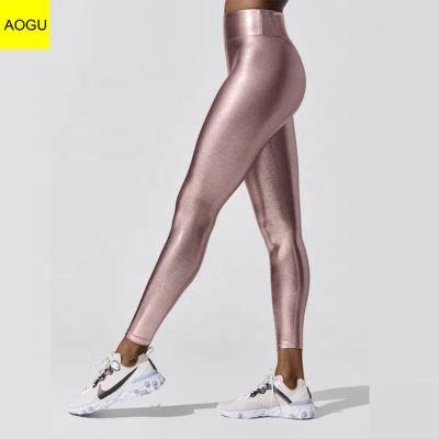 China Private Label Women's Running Shiny Leggings Antibacterial Custom Compression Yoga Pants High Skin Soft Waist Gym Pants for sale