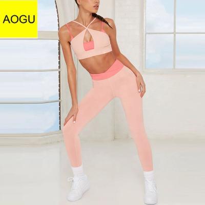 China AOGU Breathable Sports Wear New Arrival Pink Contrast V Waistband 2 Pieces Gaiters Set Women for sale