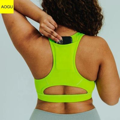 China Women Breathable Yoga Bra With Back Pocket High Print Custom Runner Sports Bra Fitness Crop Top for sale