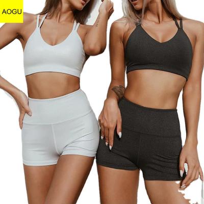 China OEM Sports Lady Gym White Fitness Breathable Strappy 2 Piece Sports Bra And Shorts Yoga Sets for sale