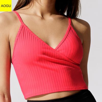 China AOGU Women's QUICK DRY Sportswear Custom Cropped V-Neck Ribbed Tank Top With Adjustable Straps for sale