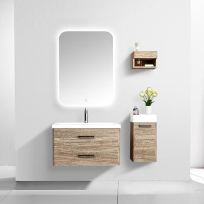 China Modern Wall Mounted Double Drawer LED Mirror Double Sided Wood Grain PVC Cabinets Bathroom Cabinet for sale