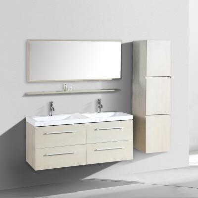 China Modern Side Cabinet Double Sink Natural Wood Color With Side Cabinet Mirror Shelf Bathroom Cabinet for sale