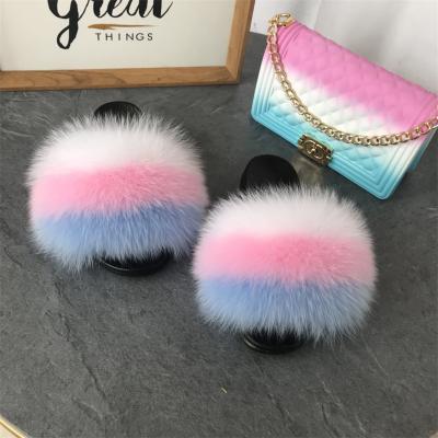 China Lady Fashion Sandals Outdoor Fox Fur Slides Real Fox Fur Slipper Jelly Bag Fur Slides With Purse Set For Women for sale