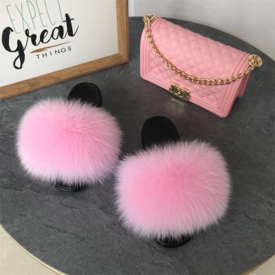 China Wholesale Fashion Women's Fur Jelly Bag Purse Set Handbag Slippers with Real Fox Fur Slides Medium Fluffy Fur for sale