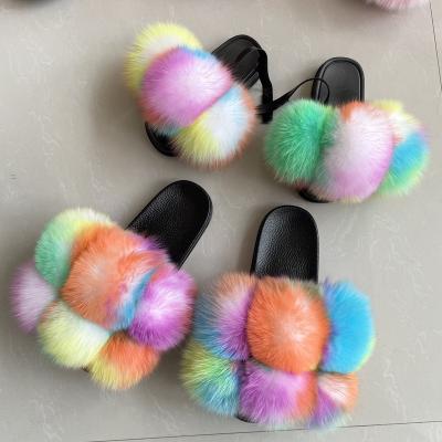 China Wholesale Fashion Mommy and Me Raccoon Fur Sandals Girls Fashion Fur Slides Pompom Summer Fluffy Slippers For Women for sale